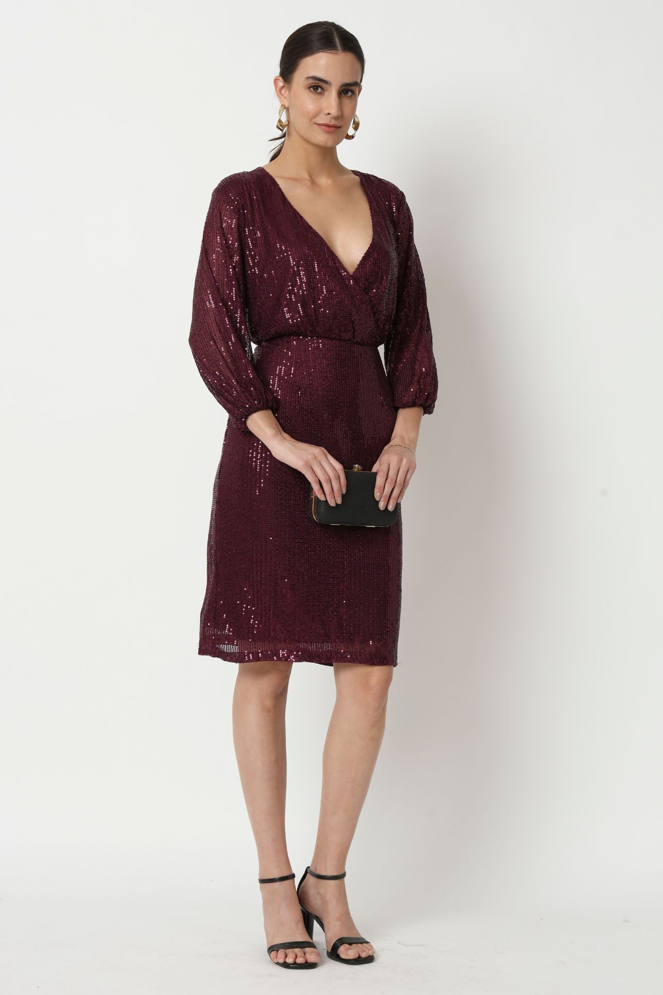 Burgundy Sequin Surplice Dress