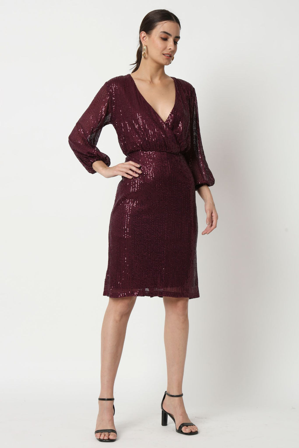 Burgundy Sequin Surplice Dress