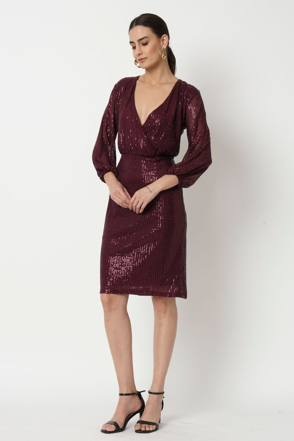 Burgundy Sequin Surplice Dress