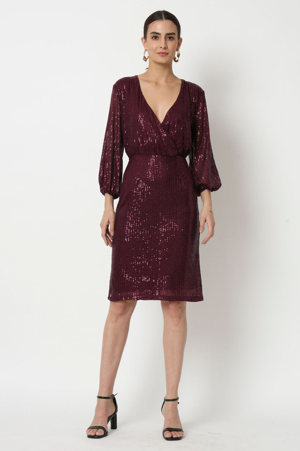 Burgundy Sequin Surplice Dress