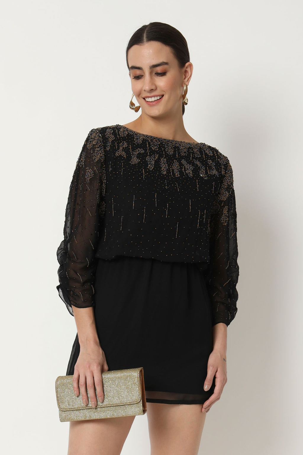 Black Hand Embroidered Short Dress