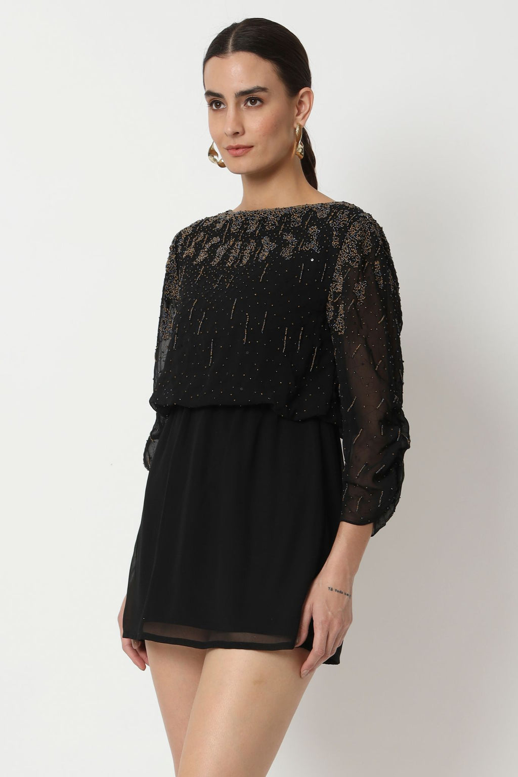 Black Hand Embroidered Short Dress