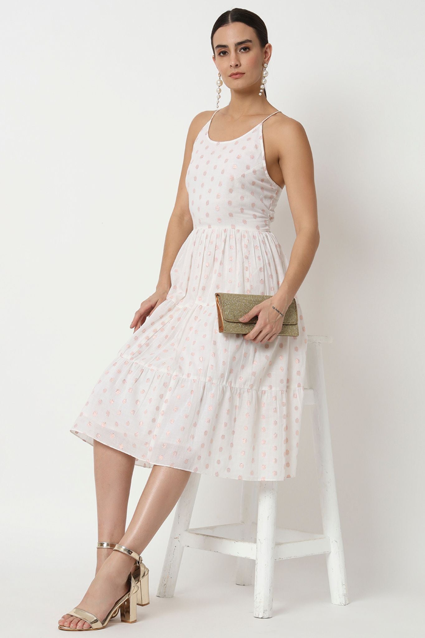 White Metallic Dots Tier Dress