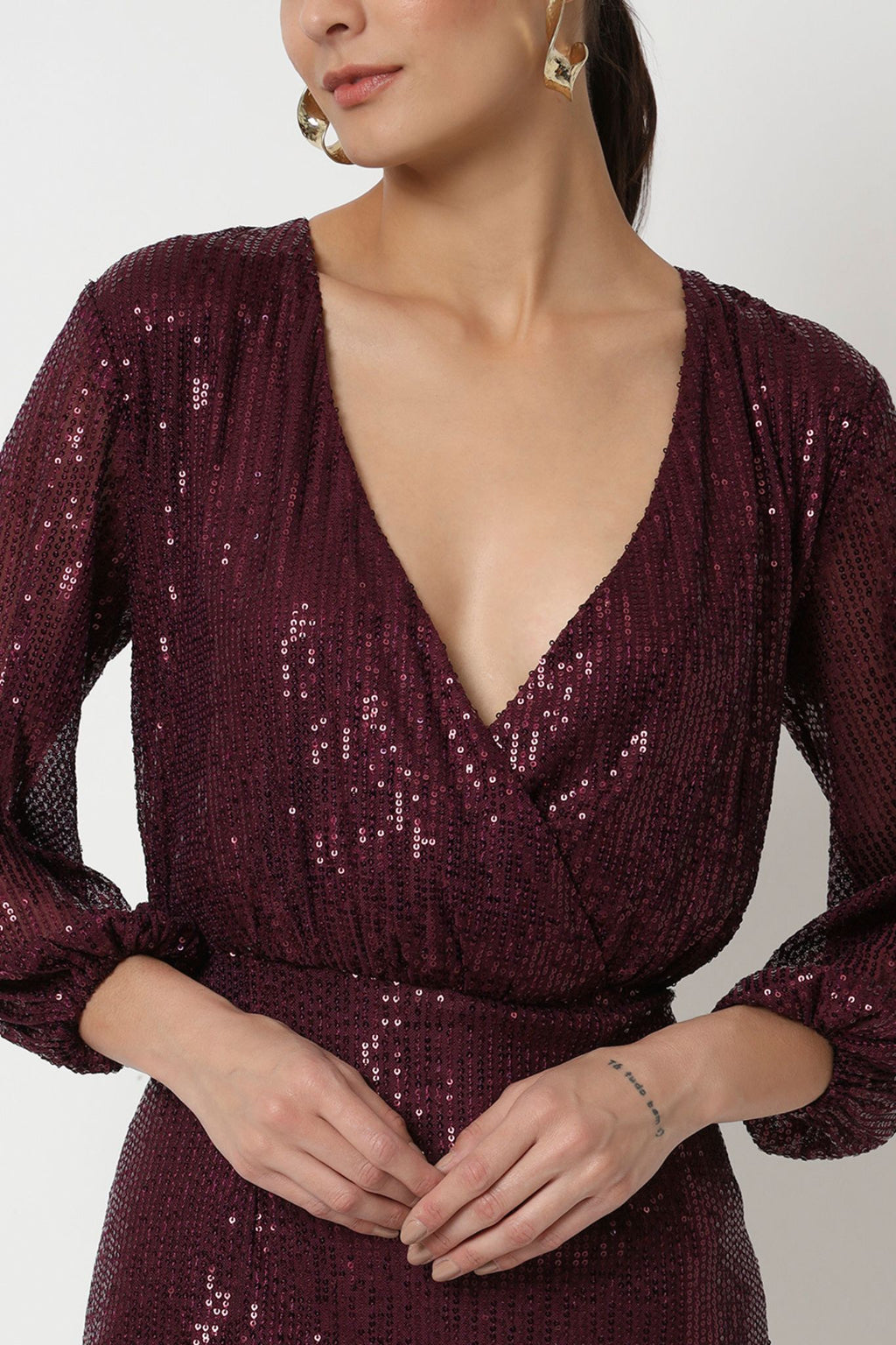 Burgundy Sequin Surplice Dress