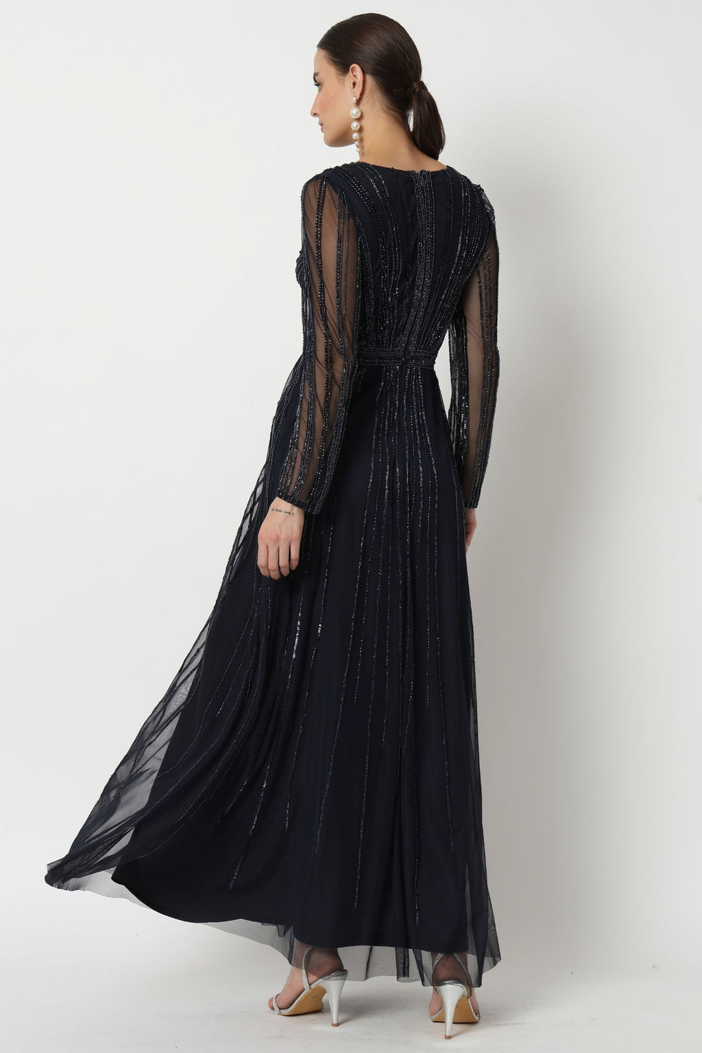 Hand Embellished Navy Blue Long Dress
