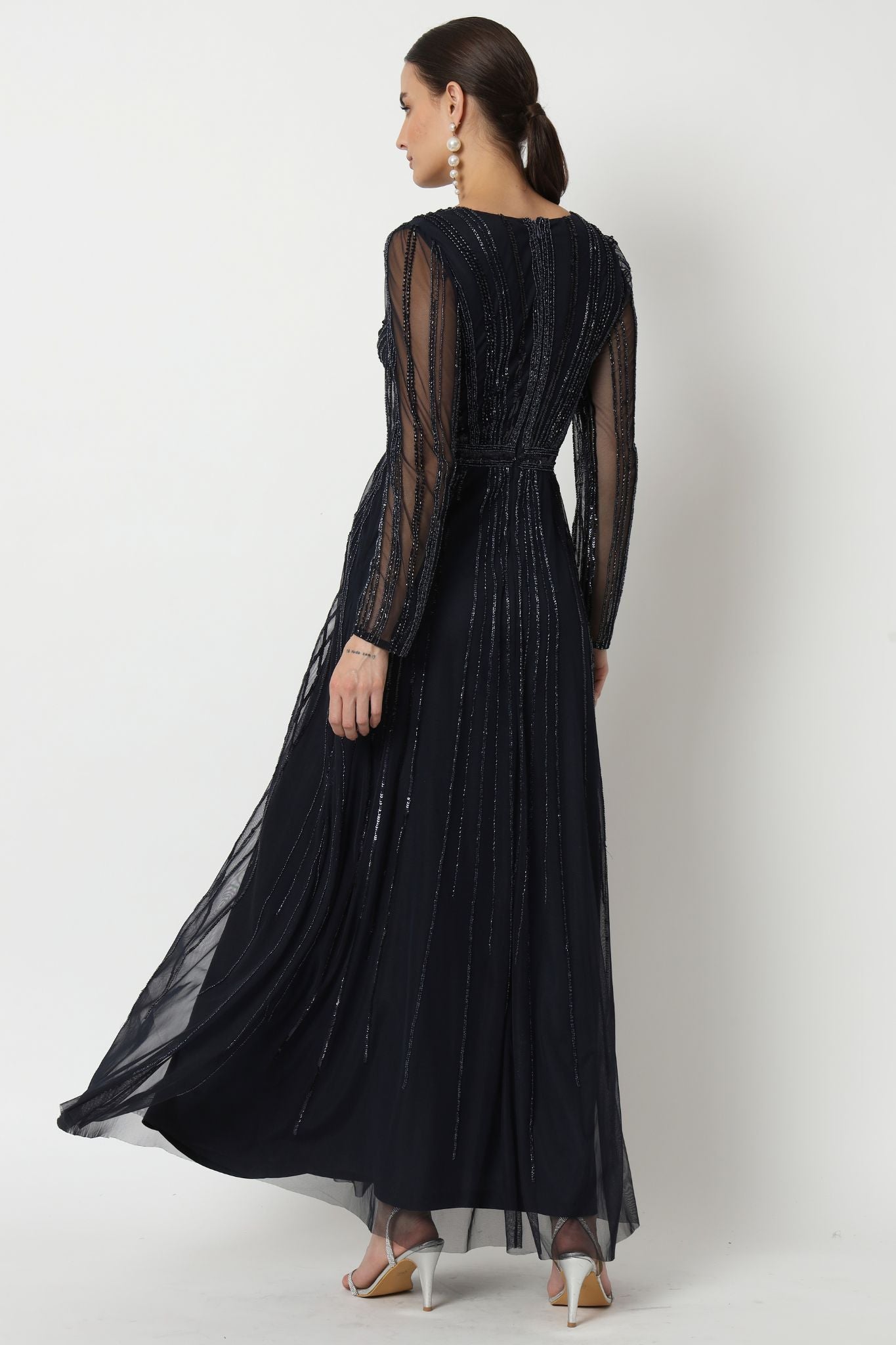 Hand Embellished Navy Blue Long Dress
