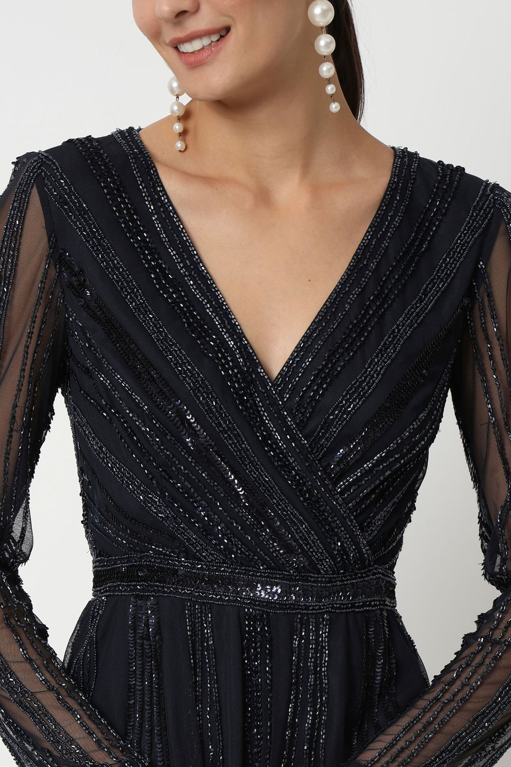 Hand Embellished Navy Blue Long Dress