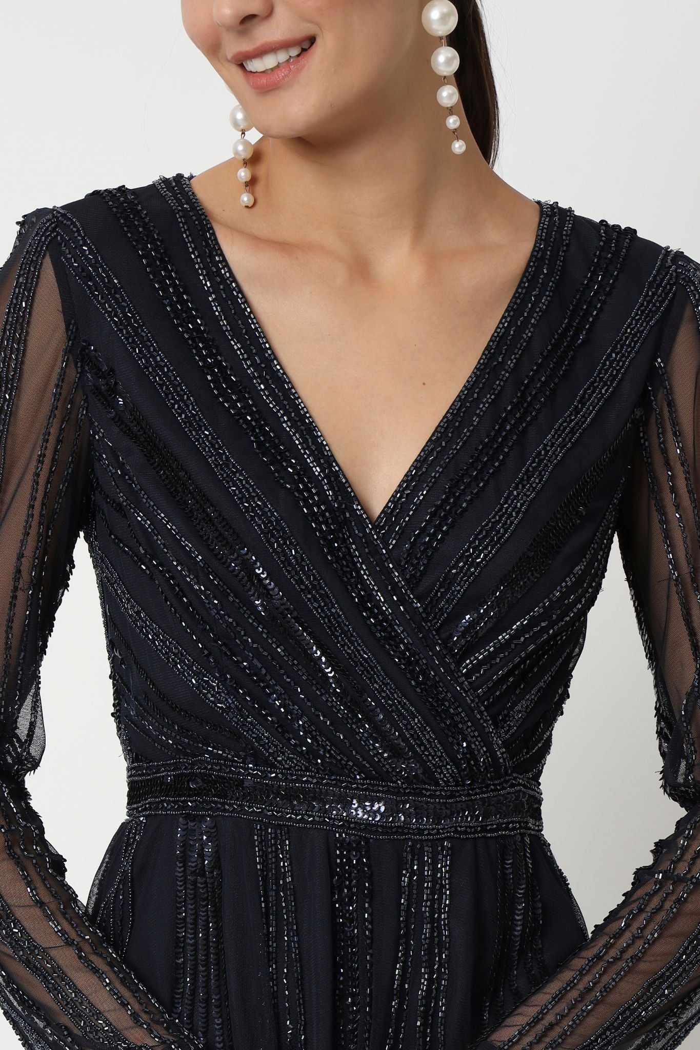 Hand Embellished Navy Blue Long Dress
