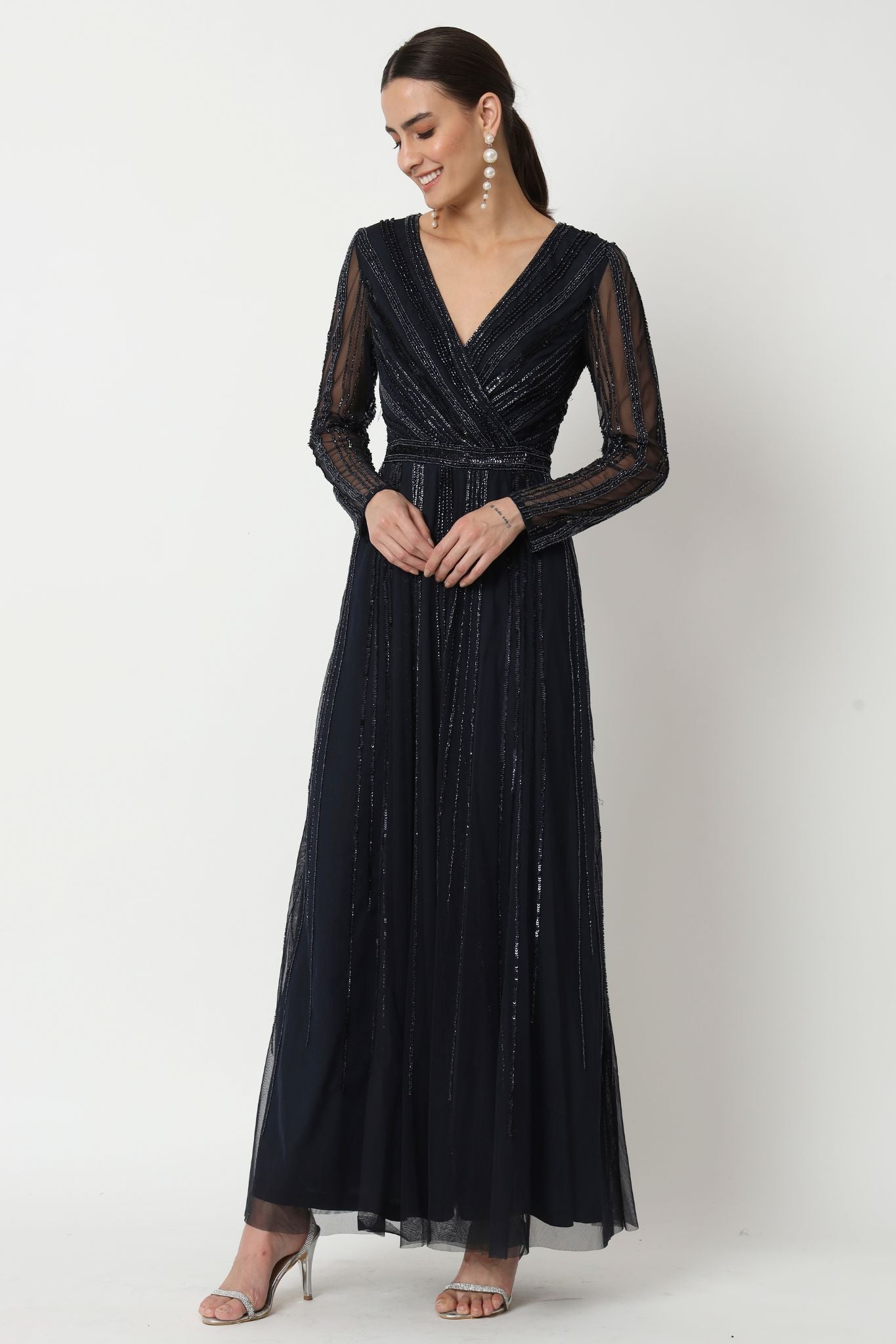 Hand Embellished Navy Blue Long Dress