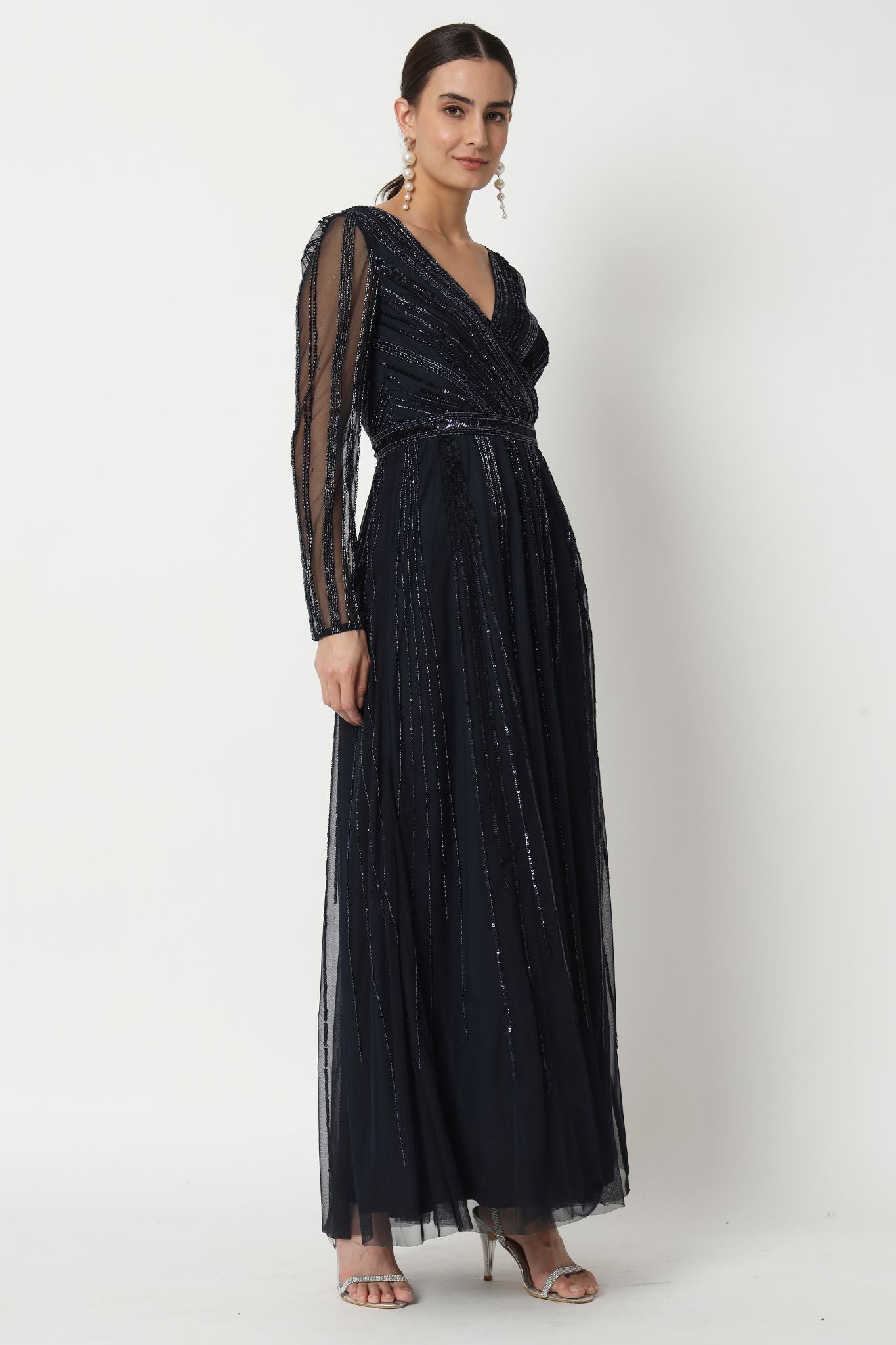 Hand Embellished Navy Blue Long Dress