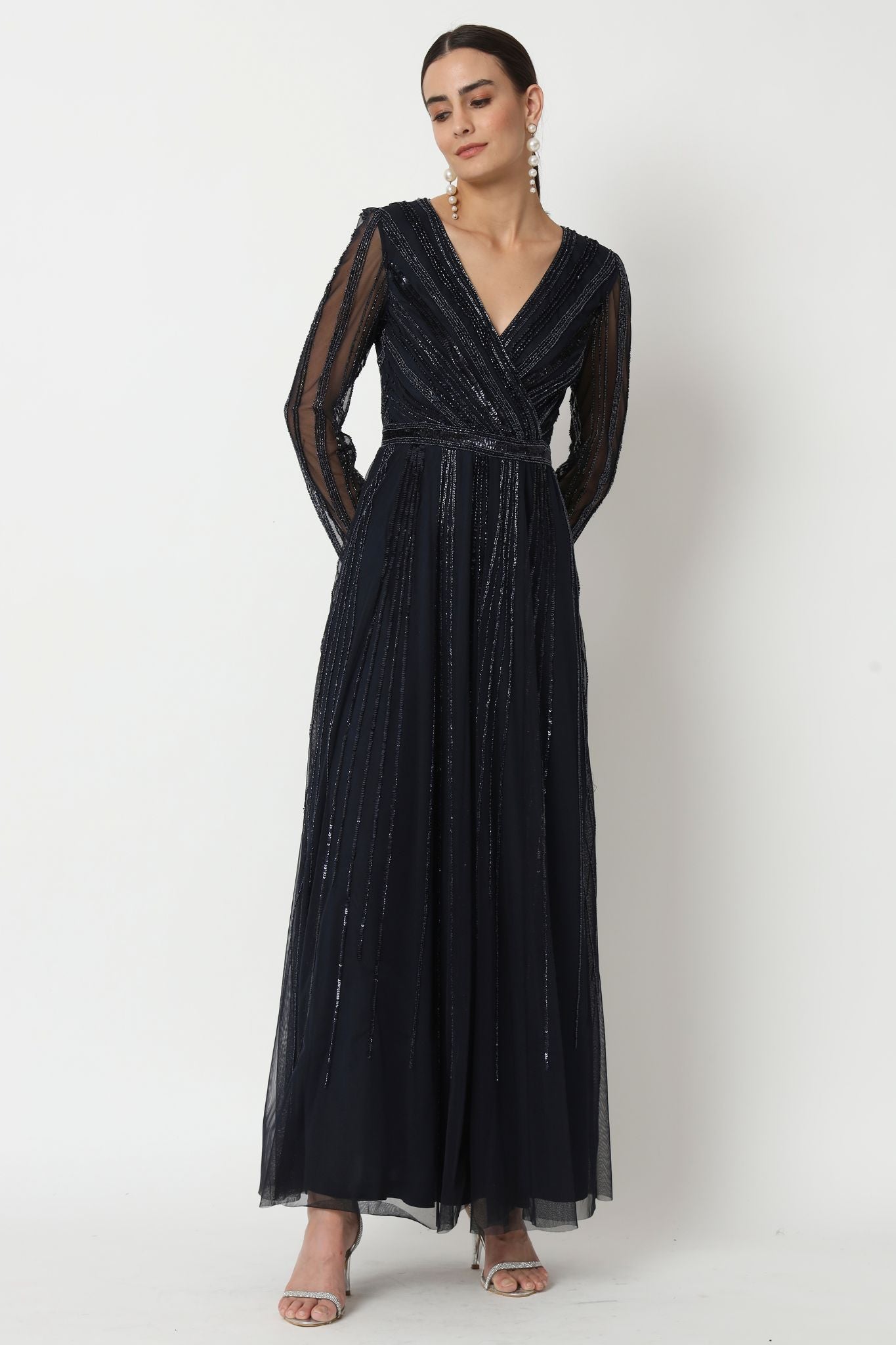Hand Embellished Navy Blue Long Dress