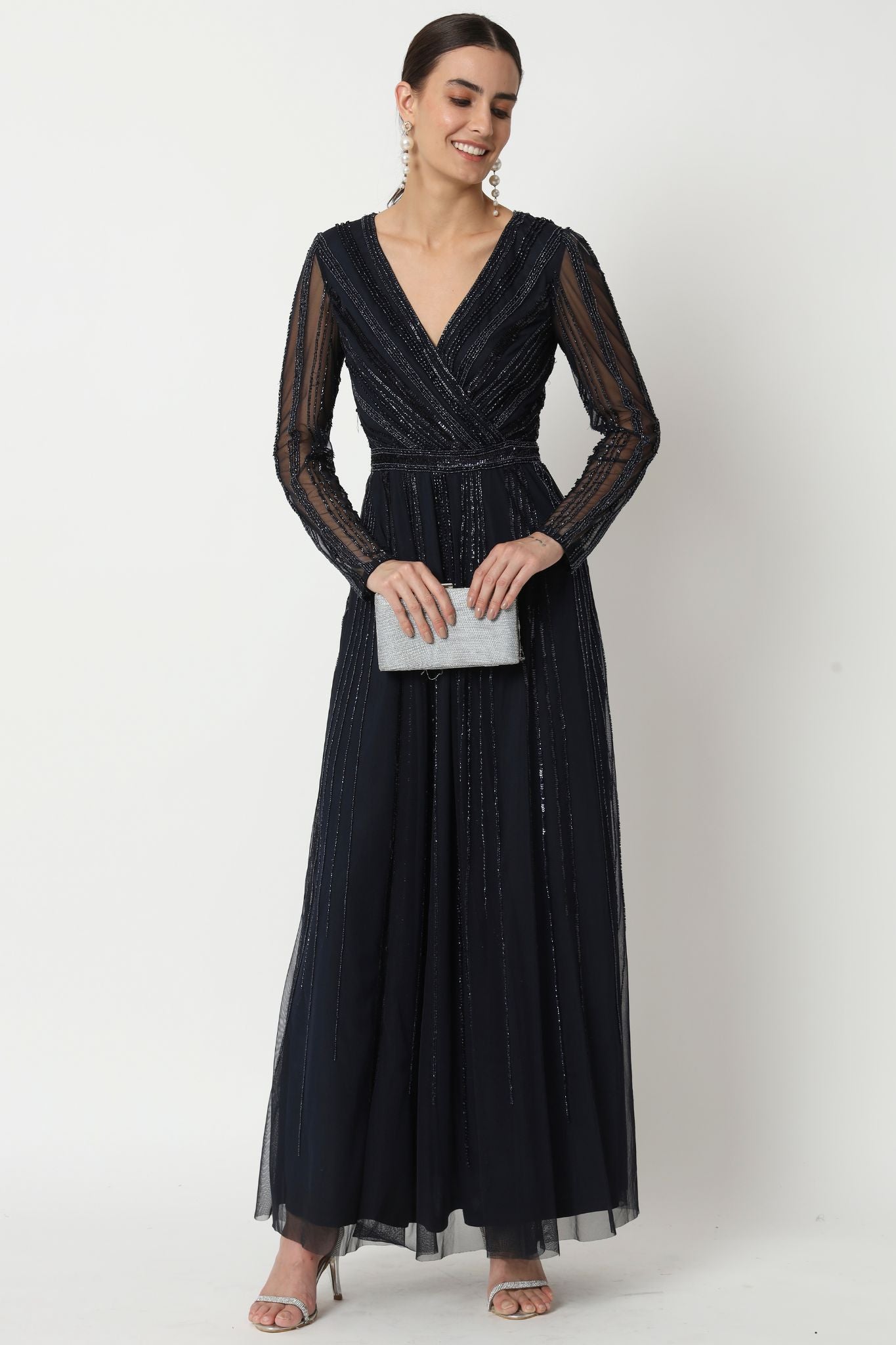 Hand Embellished Navy Blue Long Dress