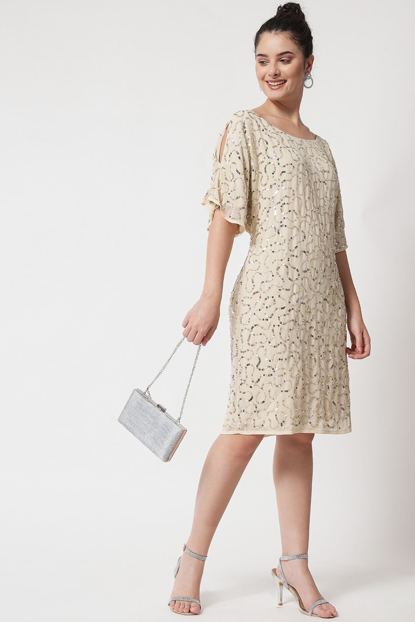 Beaded Peekaboo Sleeve Short Dress - Alter Amour