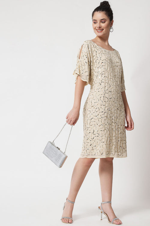 Beaded Peekaboo Sleeve Short Dress - Alter Amour