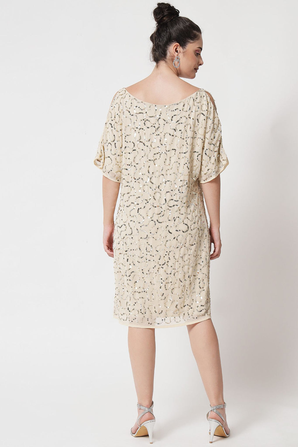 Beaded Peekaboo Sleeve Short Dress - Alter Amour