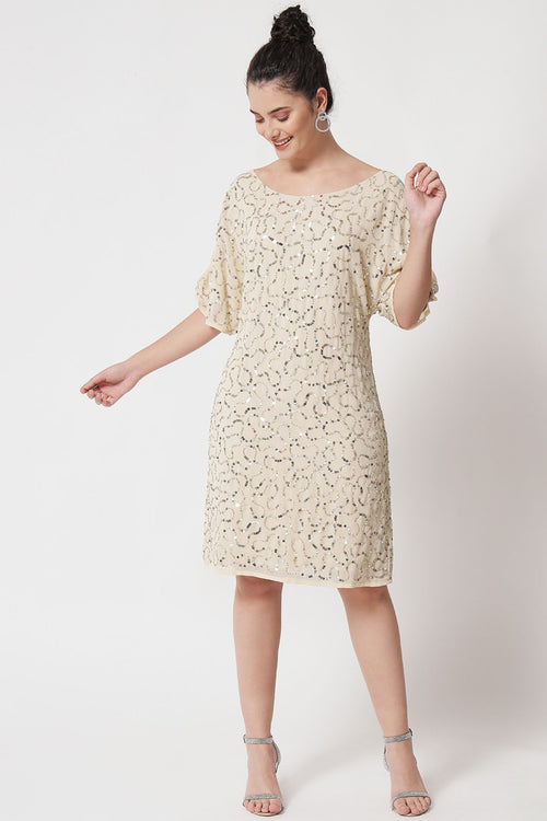 Beaded Peekaboo Sleeve Short Dress - Alter Amour