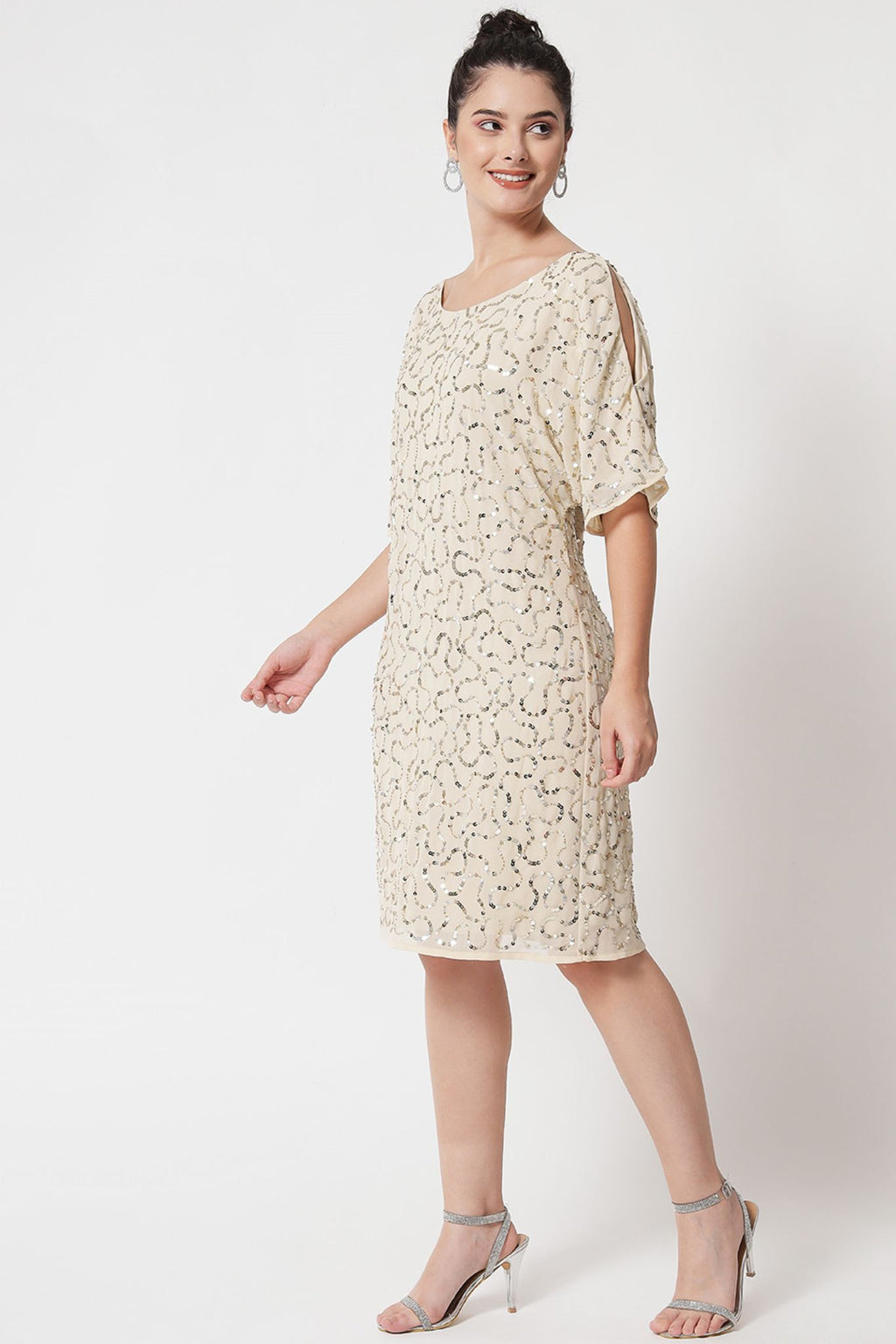 Beaded Peekaboo Sleeve Short Dress - Alter Amour