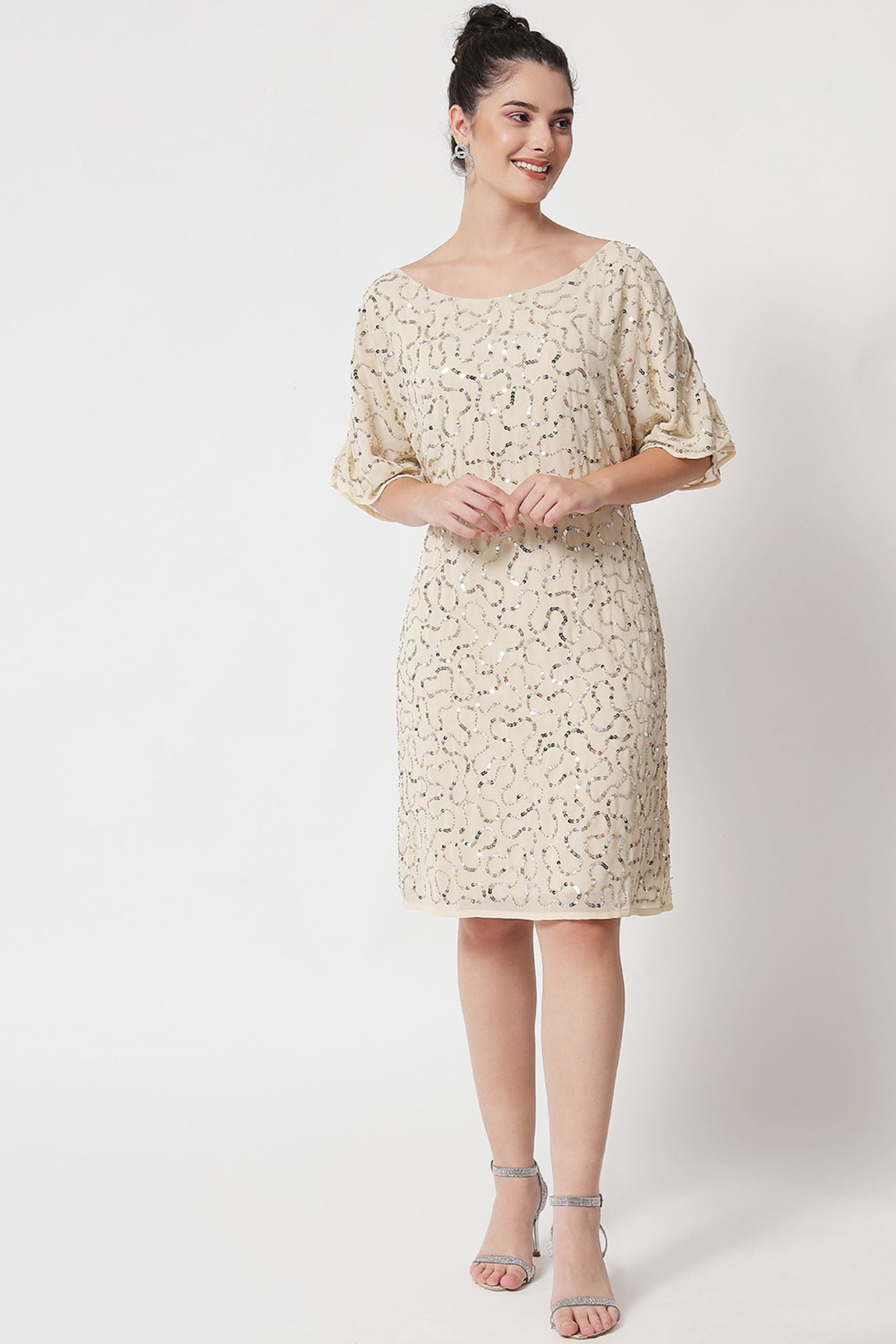 Beaded Peekaboo Sleeve Short Dress - Alter Amour