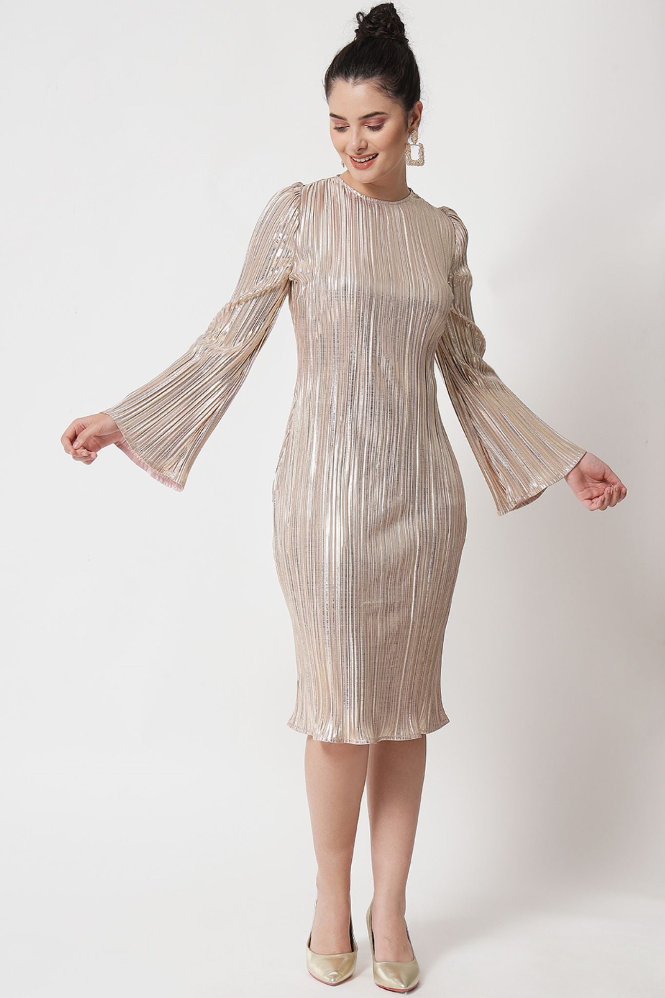 Gold Foil Pleated Short Dress - Alter Amour