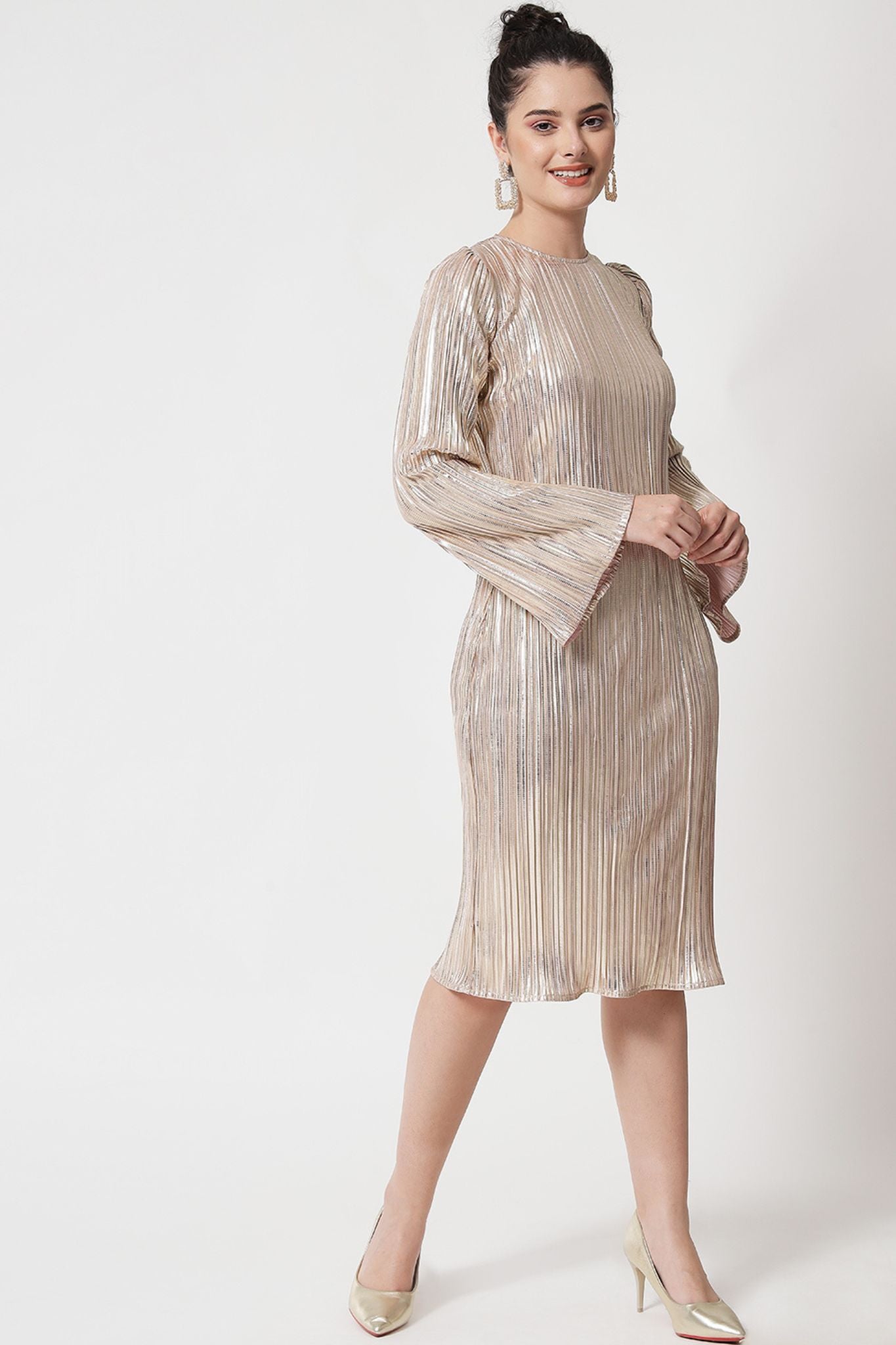 Gold Foil Pleated Short Dress - Alter Amour