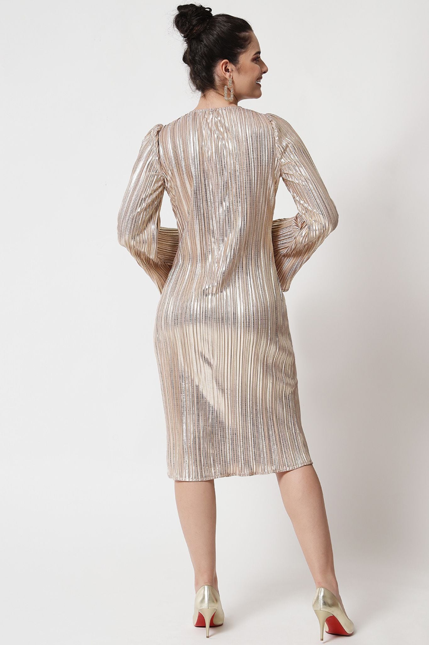 Gold Foil Pleated Short Dress - Alter Amour
