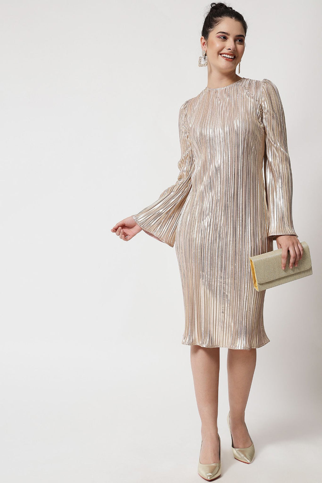 Gold Foil Pleated Short Dress - Alter Amour