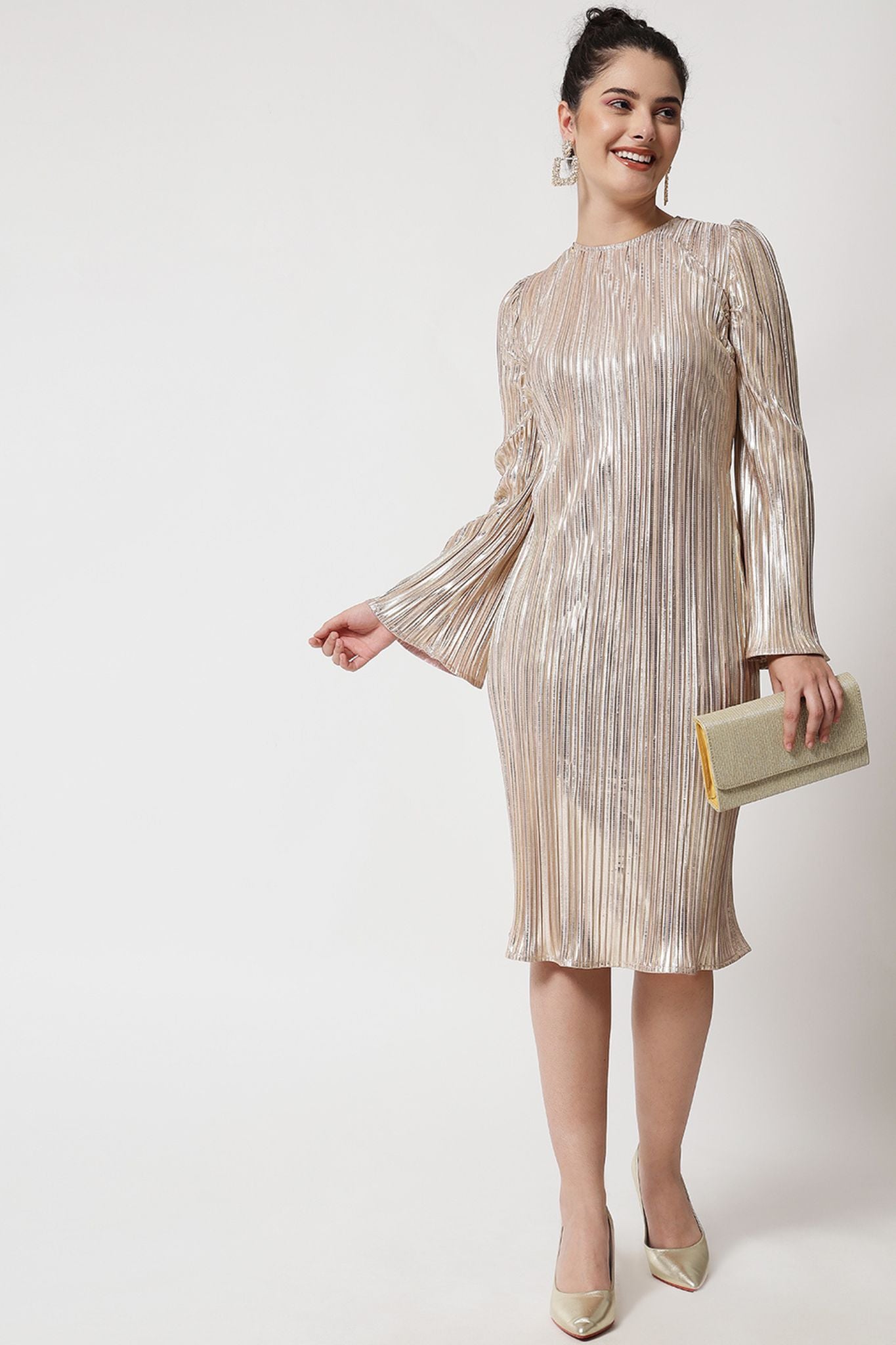Gold Foil Pleated Short Dress - Alter Amour