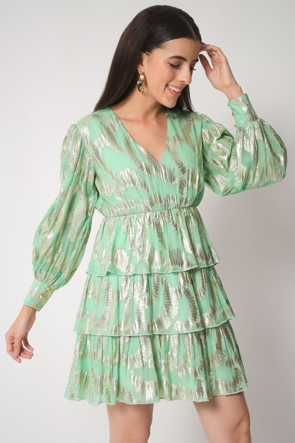 Mint Green Gold Lurex Ruffled Dress