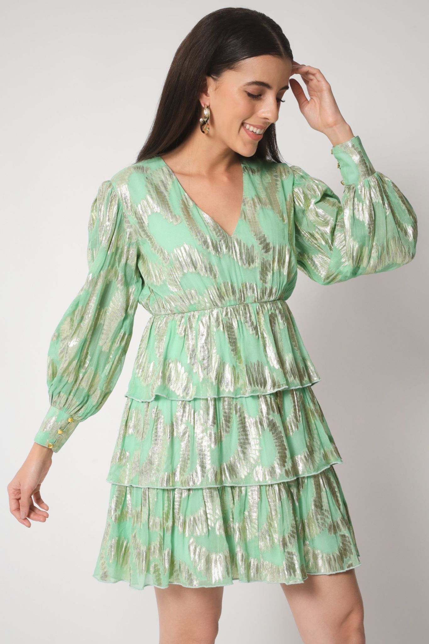 Mint Green Gold Lurex Ruffled Dress