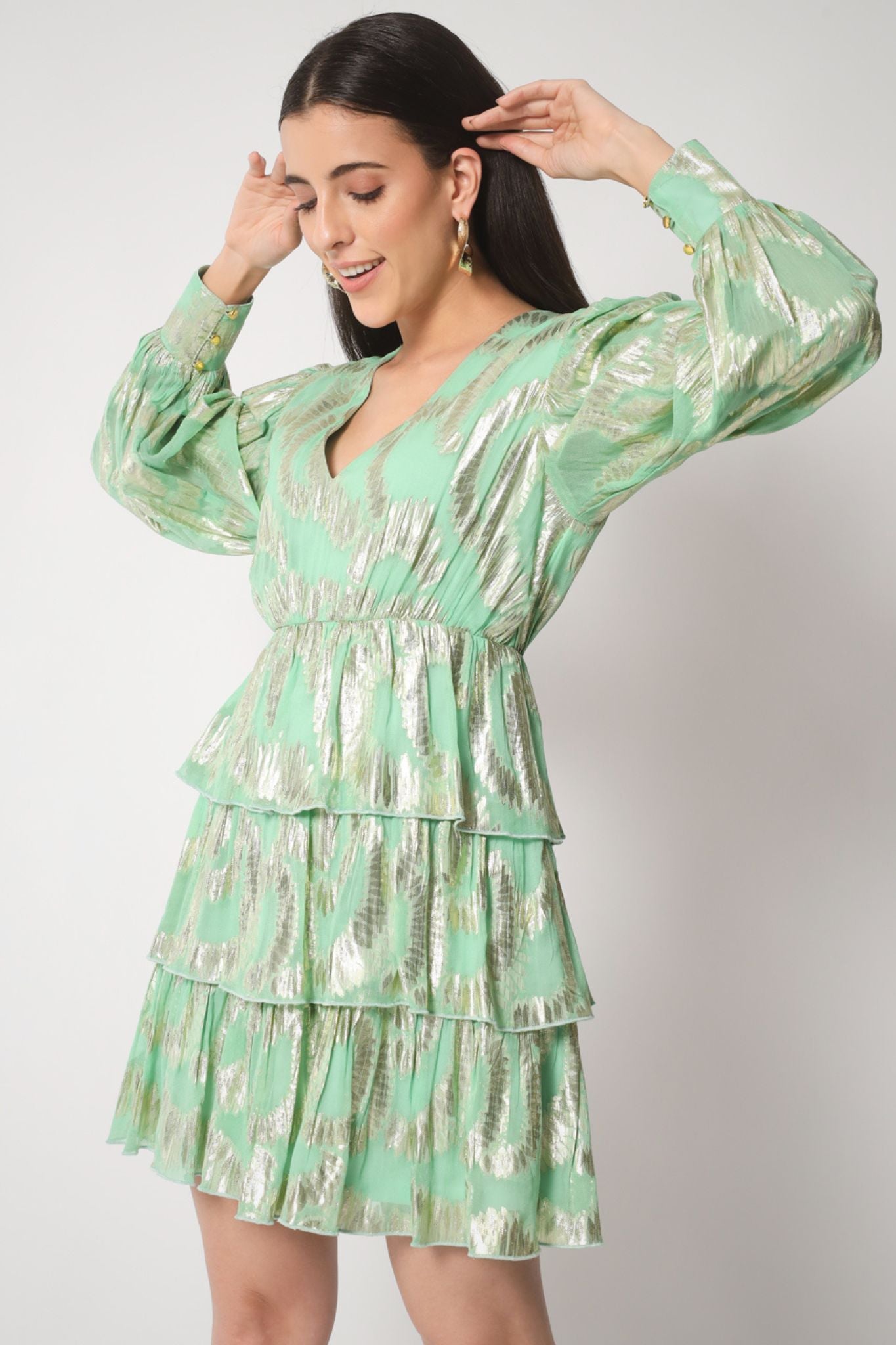 Mint Green Gold Lurex Ruffled Dress
