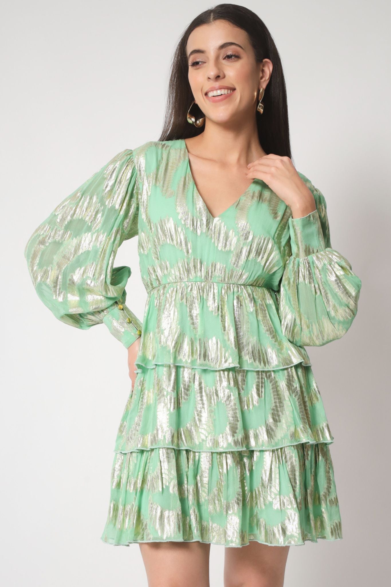 Mint Green Gold Lurex Ruffled Dress