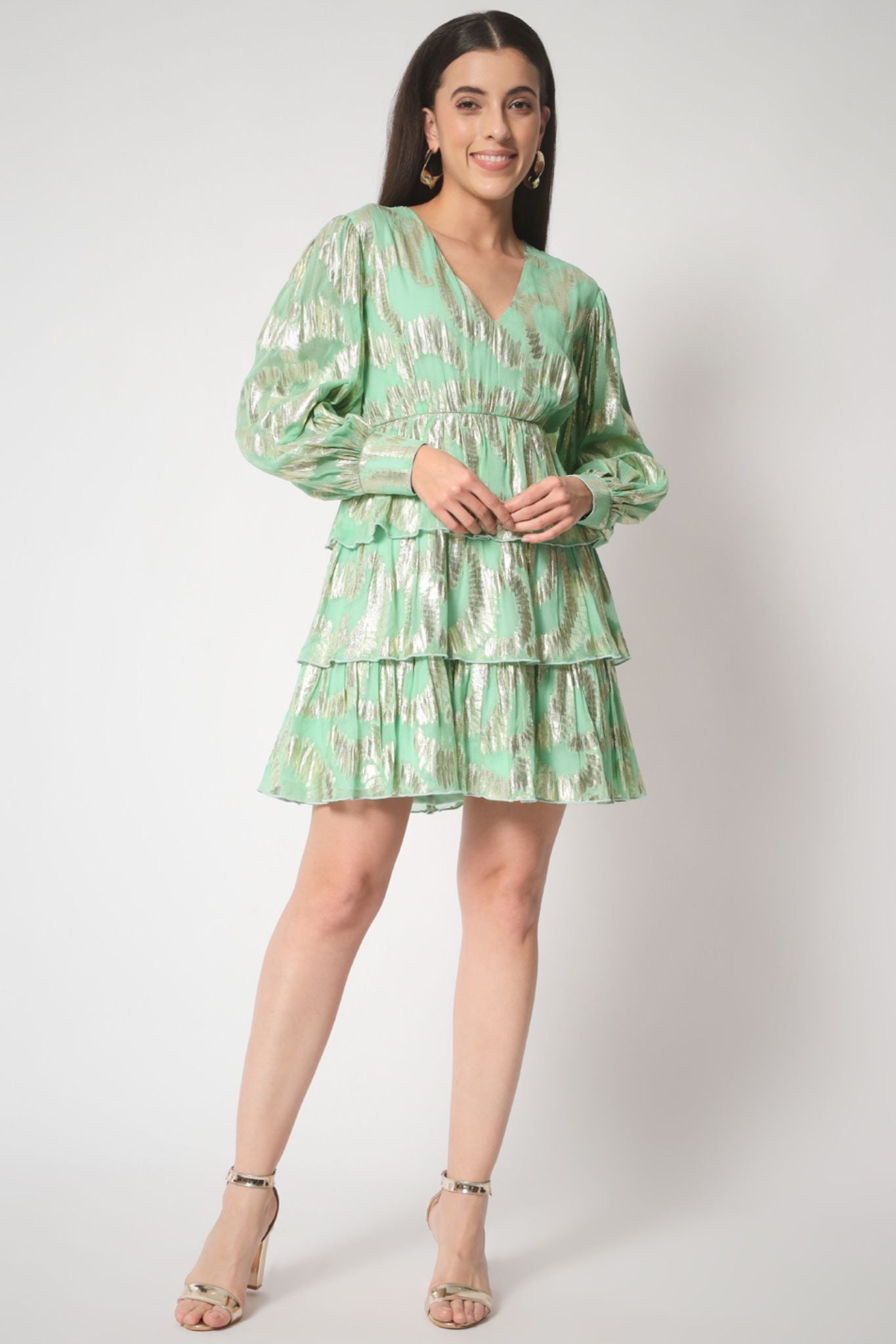 Mint Green Gold Lurex Ruffled Dress