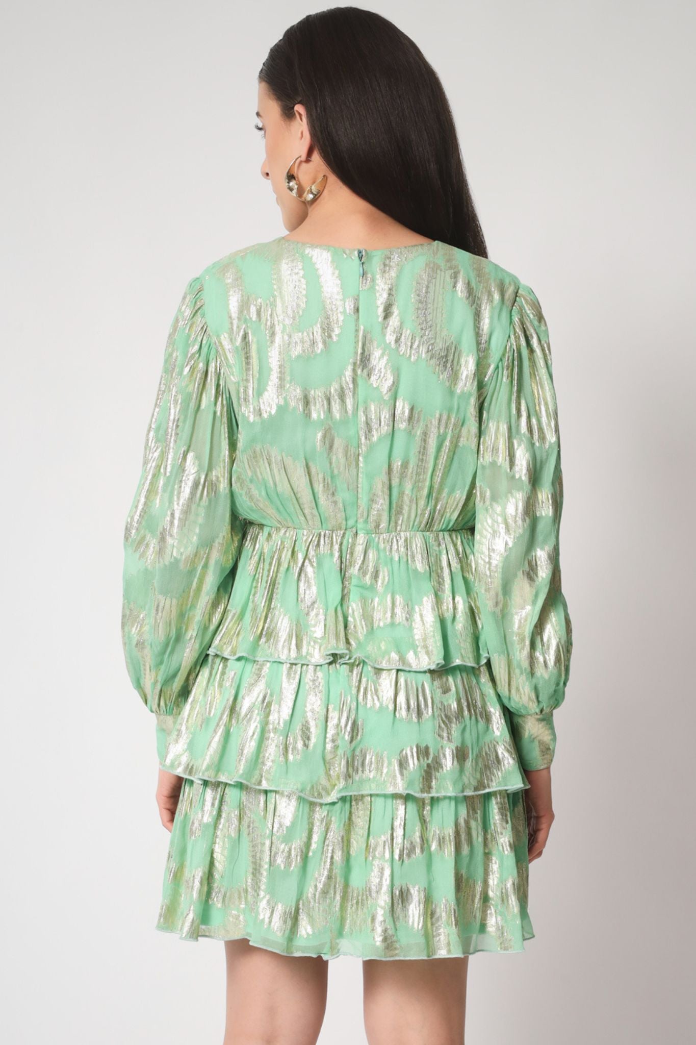 Mint Green Gold Lurex Ruffled Dress