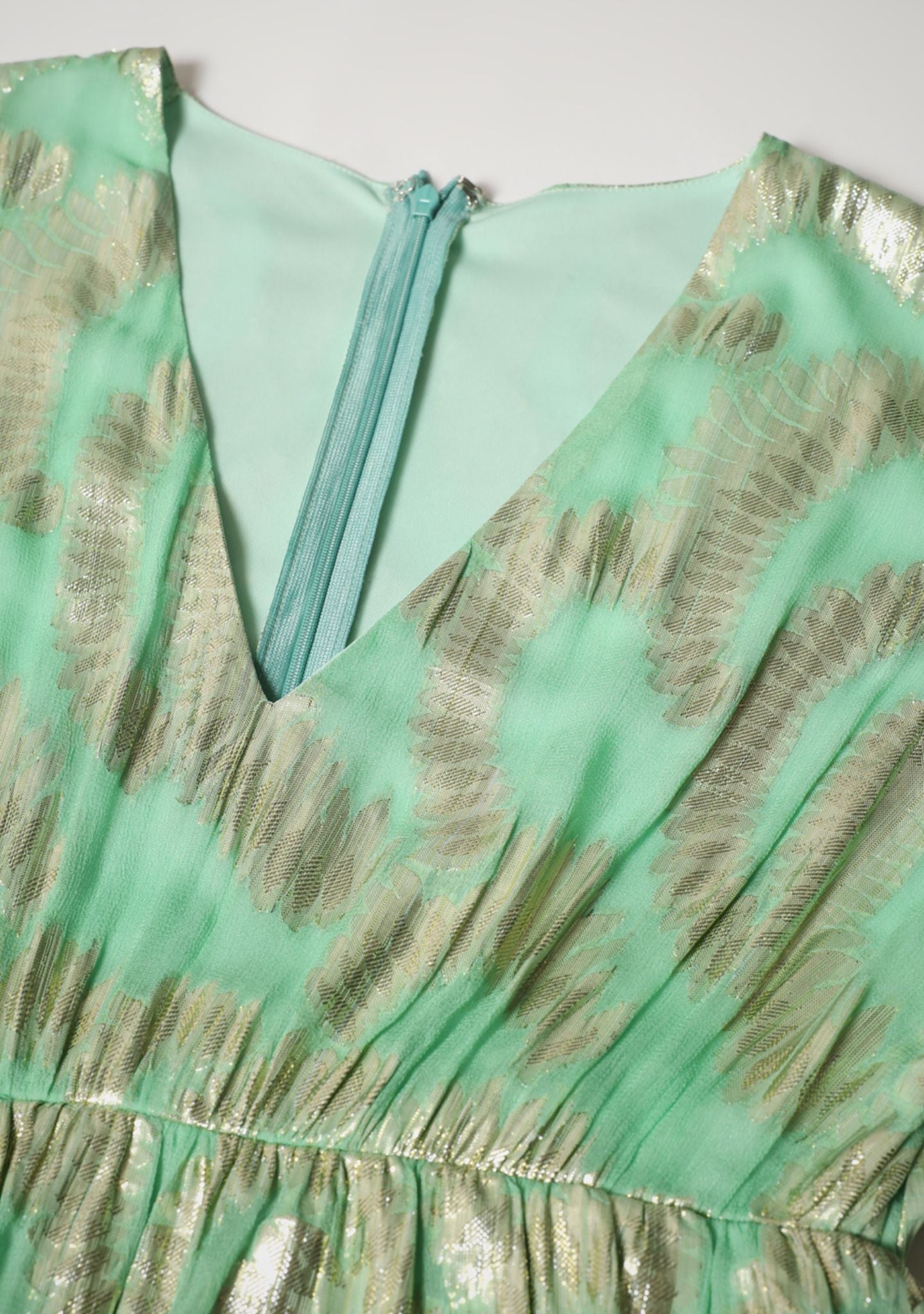 Mint Green Gold Lurex Ruffled Dress