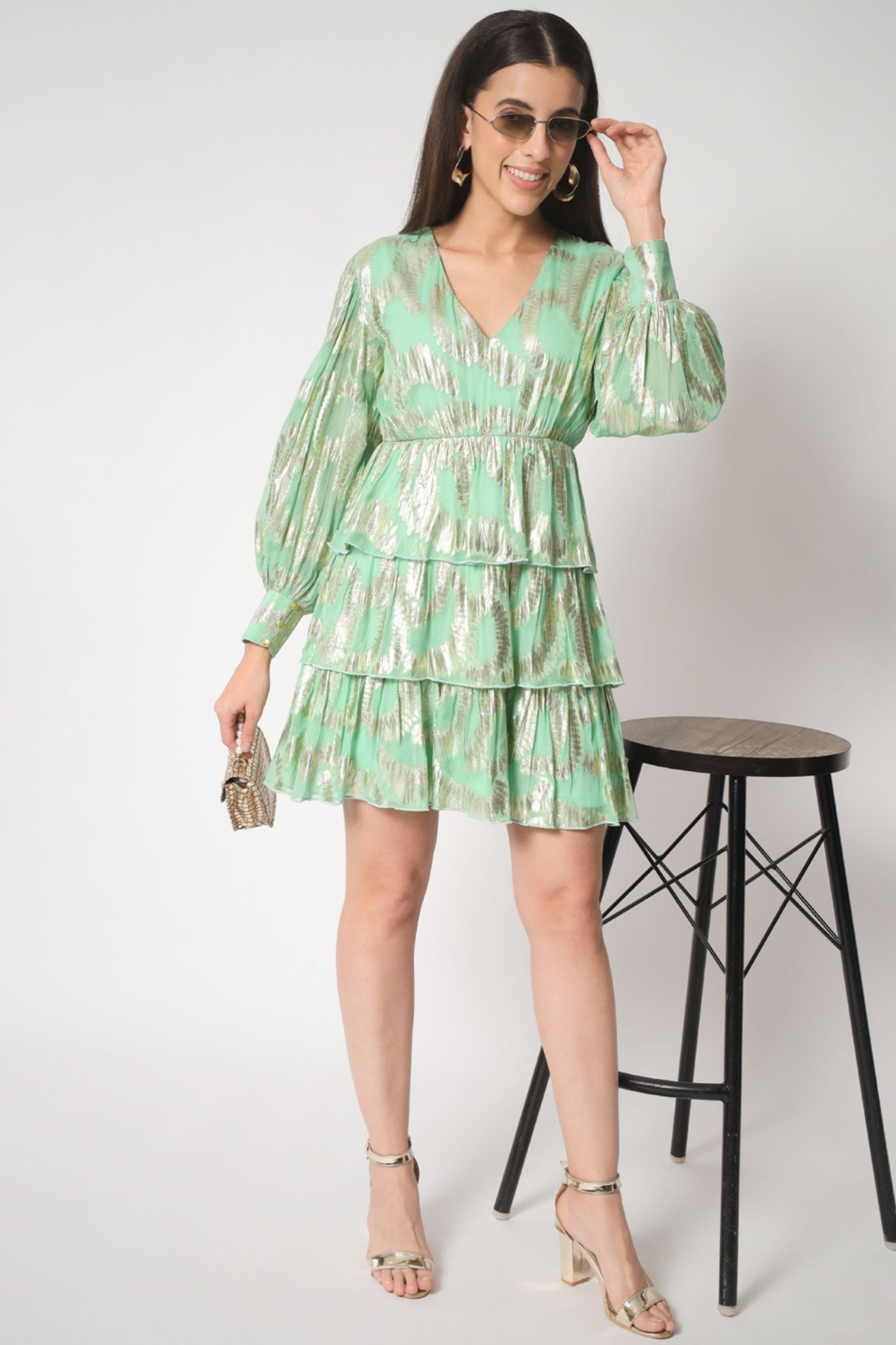 Mint Green Gold Lurex Ruffled Dress