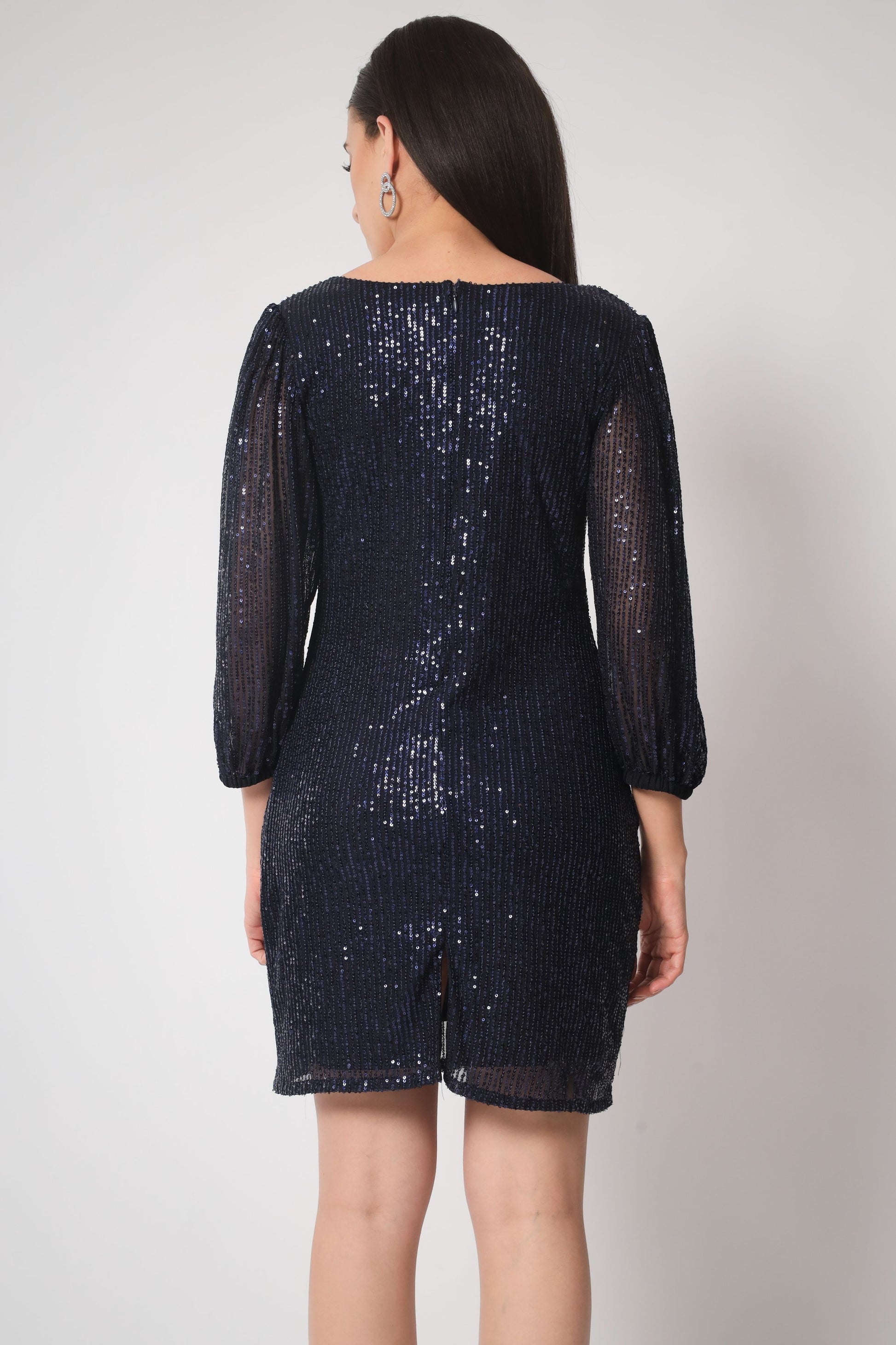 Navy Blue Sequin Embellished Short Dress