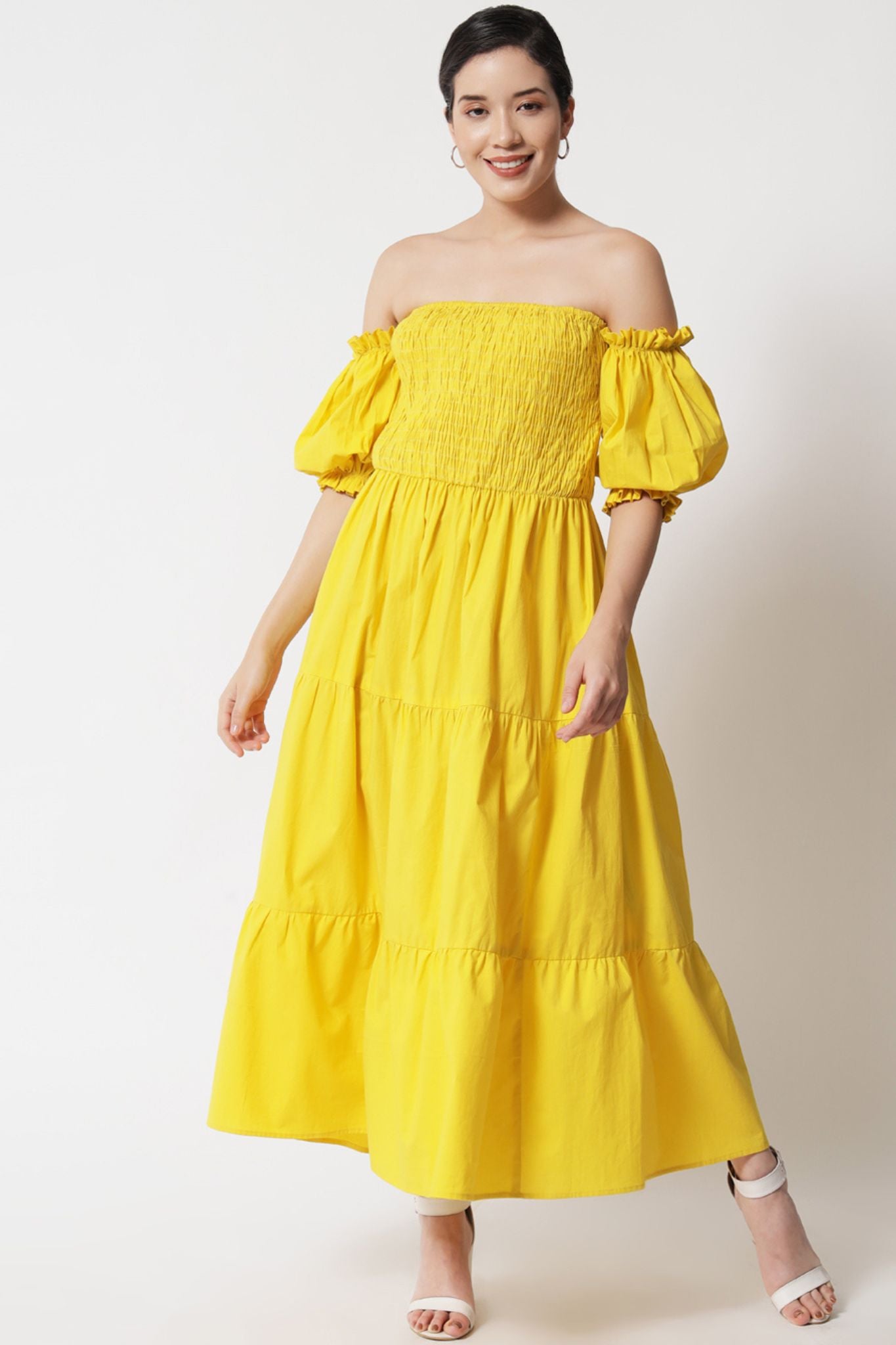Smocked Bodice Off-Shoulder Tier Dress - Alter Amour