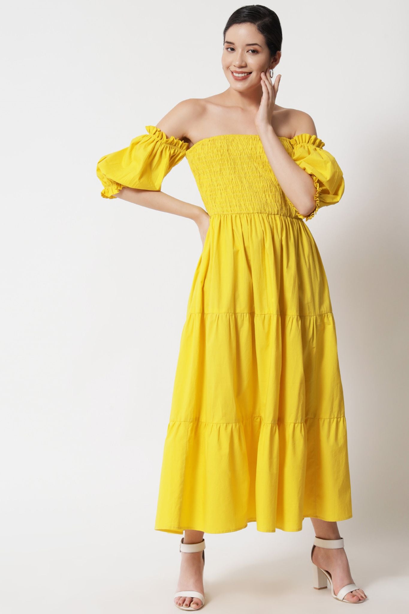 Smocked Bodice Off-Shoulder Tier Dress - Alter Amour